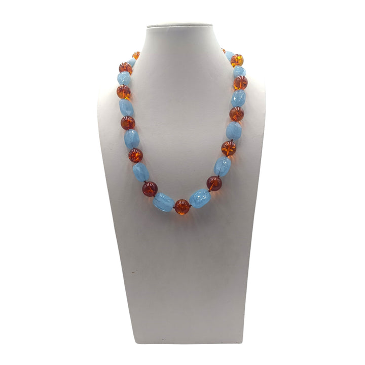 Collana di Ambra e Acquamarina montata in Cotone