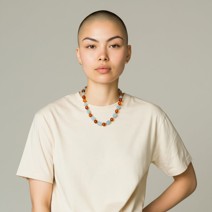 Collana di Ambra e Acquamarina montata in Cotone