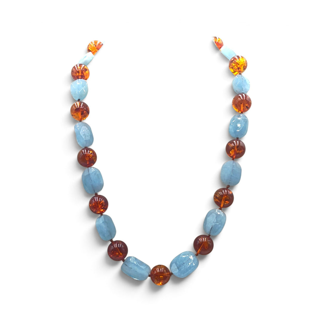Collana di Ambra e Acquamarina montata in Cotone