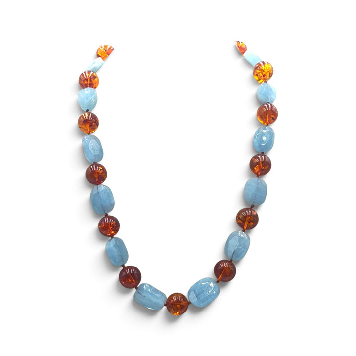 Collana di Ambra e Acquamarina montata in Cotone