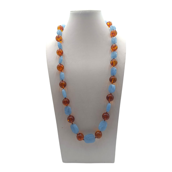 Collana di Ambra e Acquamarina montata in Cotone