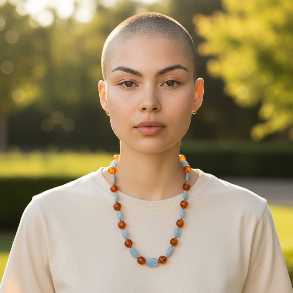 Collana di Ambra e Acquamarina montata in Cotone