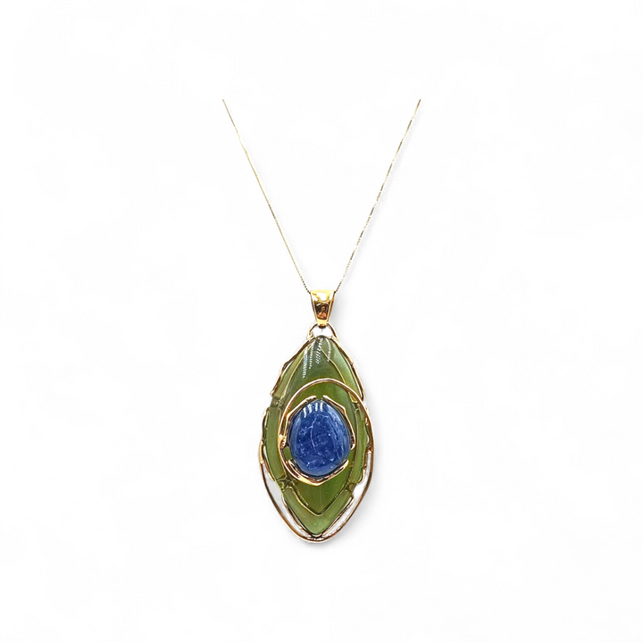 Ciondolo di Ambra Verde e Cianite montata in Argento Dorato