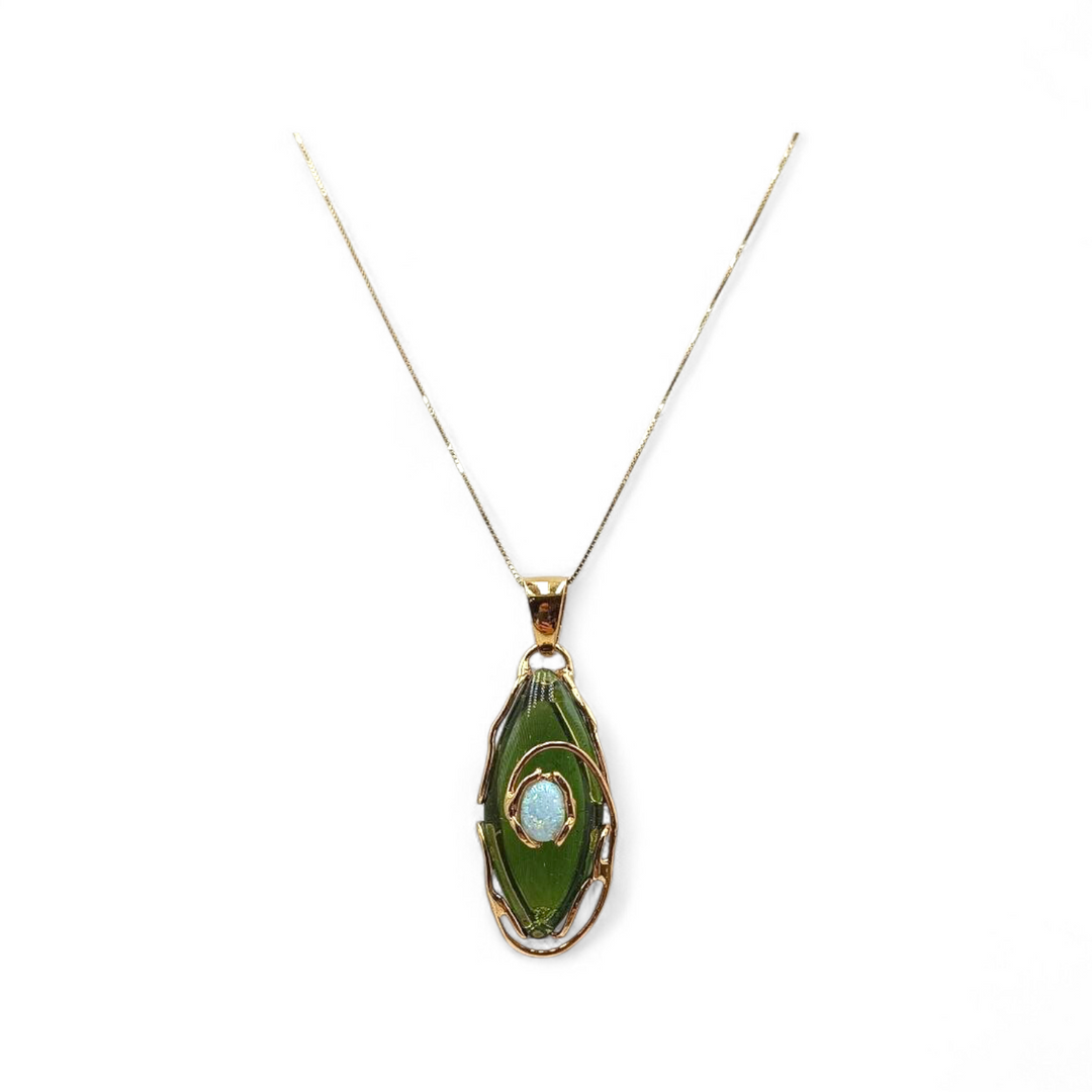 Collana con Ciondoli di Ambra Verde, Opale e Agata montati in Argento Dorato