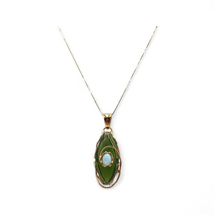 Collana con Ciondoli di Ambra Verde, Opale e Agata montati in Argento Dorato