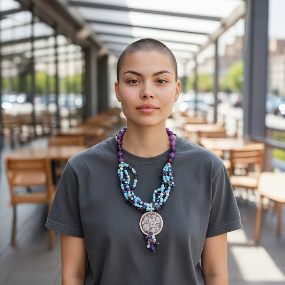 Collana di Agata, Ametista, Turchese e Perle con Cammeo Floreale