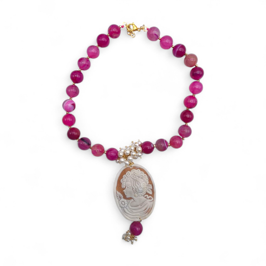 Collana Dama di Cammeo con Perle di Maiorca e Agata montata in Acciaio Dorato