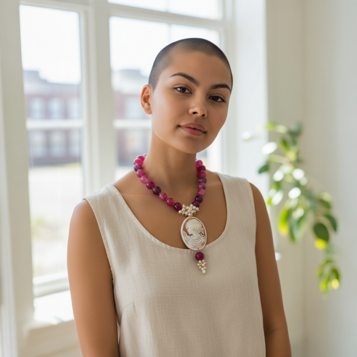 Collana Dama di Cammeo con Perle di Maiorca e Agata montata in Acciaio Dorato