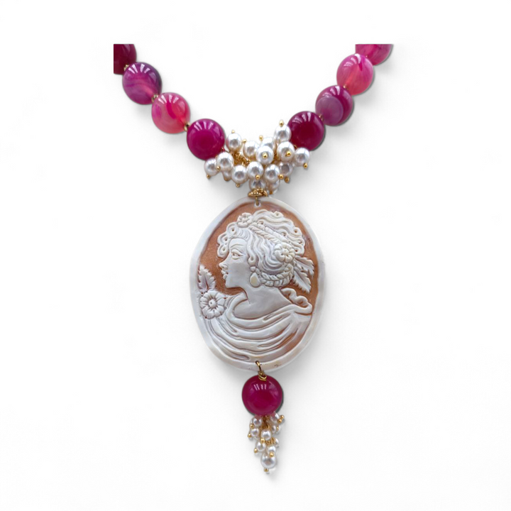 Collana Dama di Cammeo con Perle di Maiorca e Agata montata in Acciaio Dorato