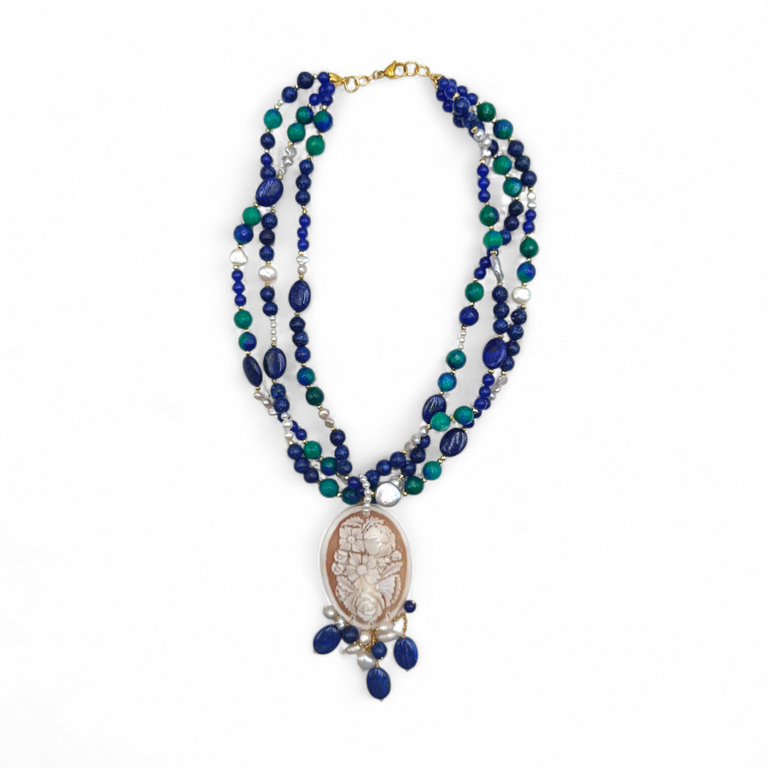 Collana Fiori di Cammeo con Agata e Perle di Maiorca montata in Acciaio Dorato