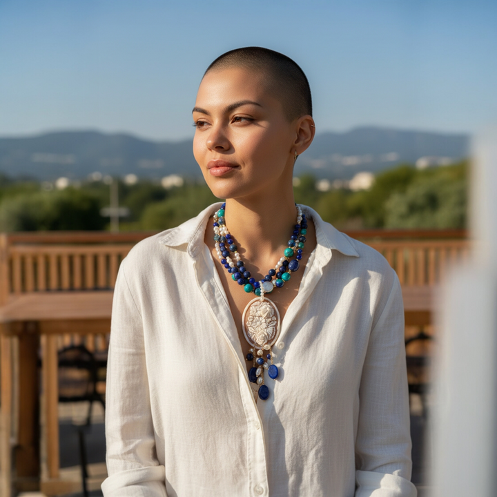 Collana Fiori di Cammeo con Agata e Perle di Maiorca montata in Acciaio Dorato