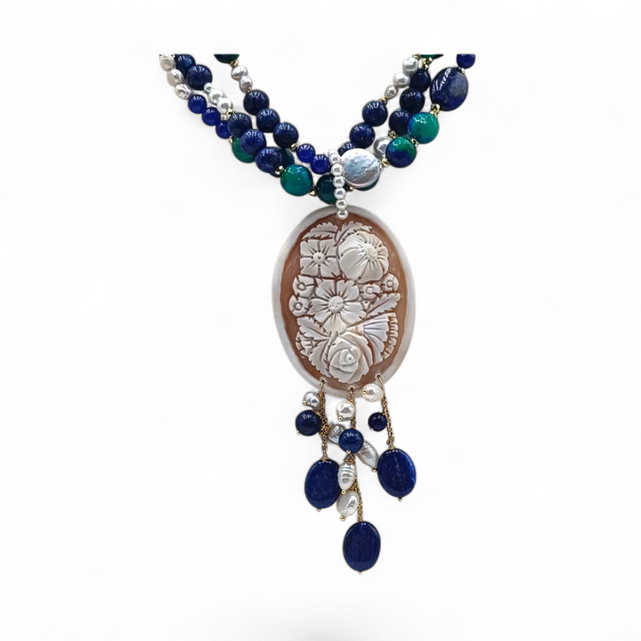 Collana Fiori di Cammeo con Agata e Perle di Maiorca montata in Acciaio Dorato