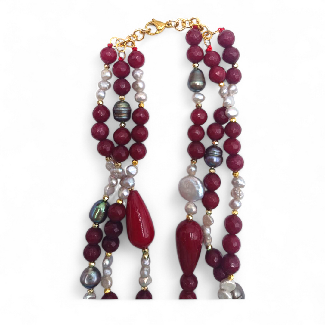 Collana Cammeo Floreale con Agata e Perle di Maiorca montata in Acciaio Dorato