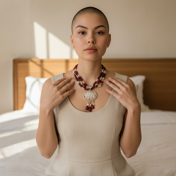 Collana Cammeo Floreale con Agata e Perle di Maiorca montata in Acciaio Dorato