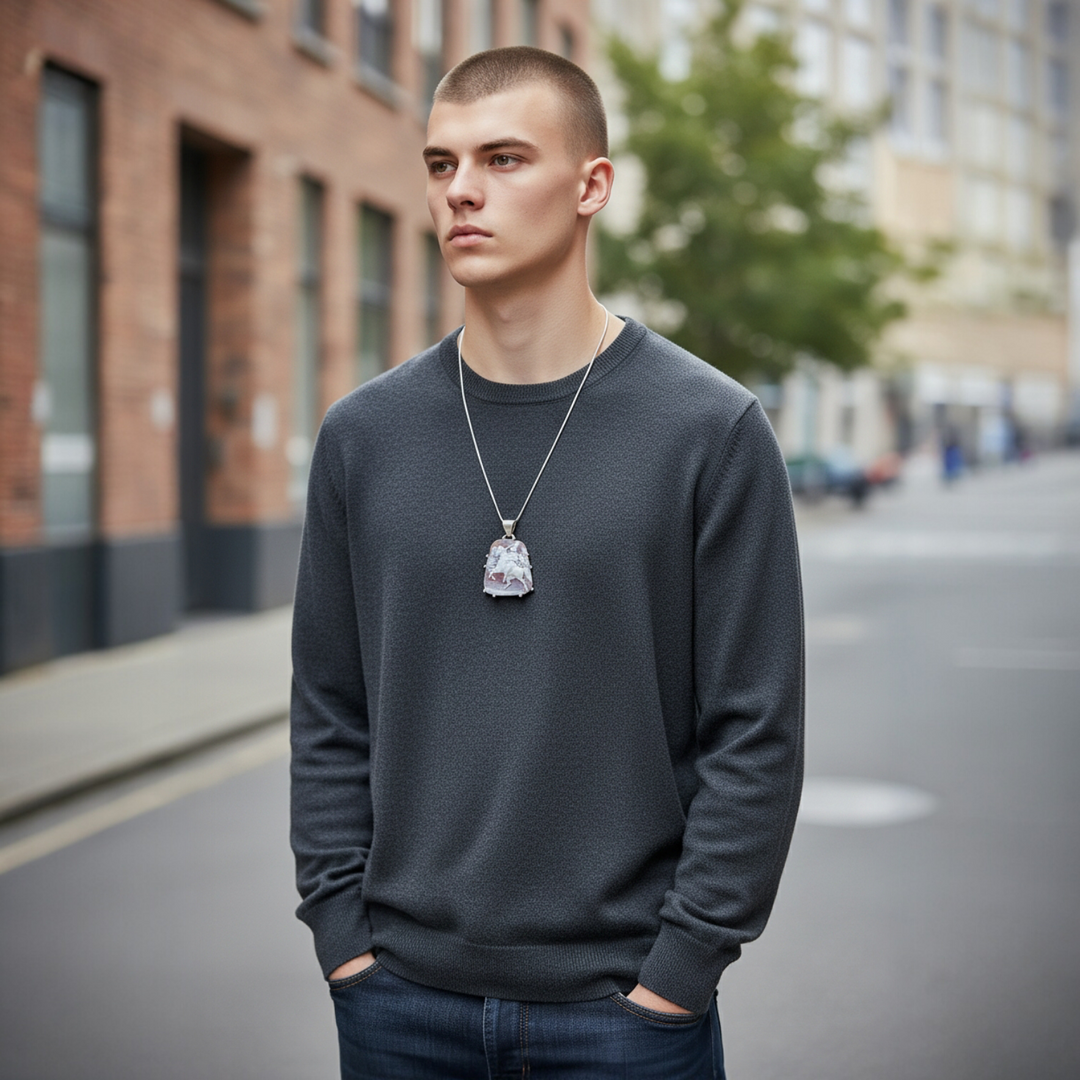 Collana con Ciondolo Cavaliere di Cammeo montata in Argento Satinato
