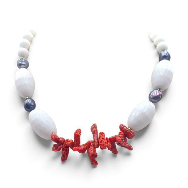 Collana di Corallo, Agata e Ematite montata in Argento Dorato