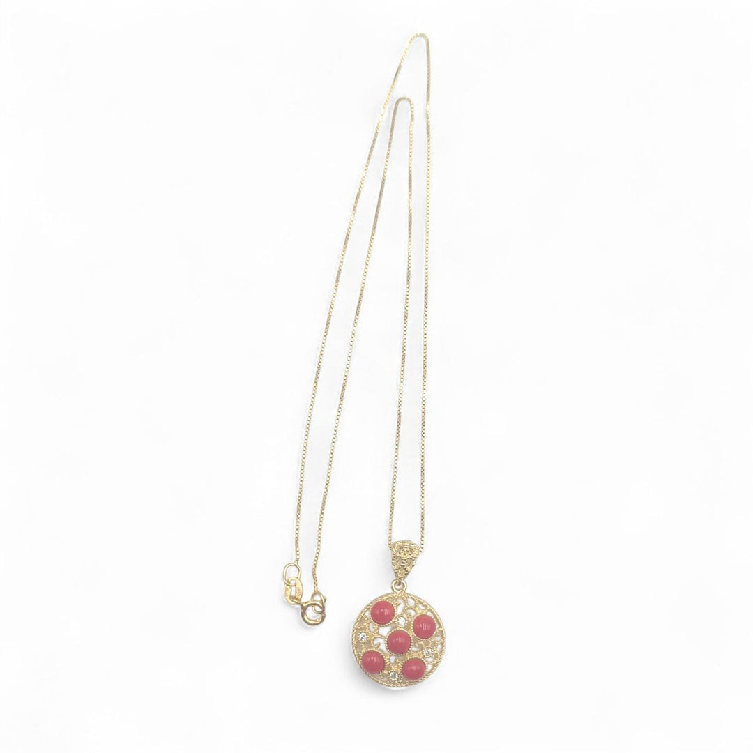 Collana con Ciondolo in Corallo e Zirconi montata in Argento Dorato