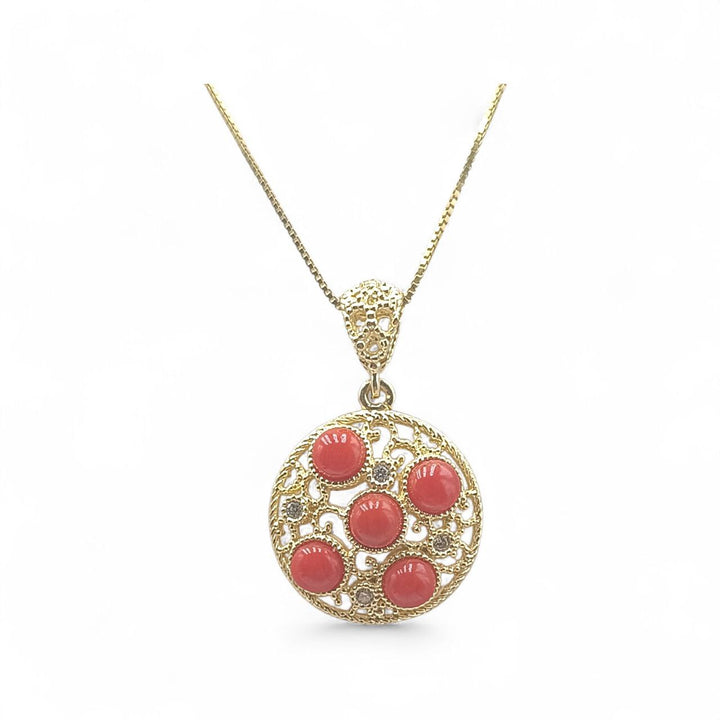 Collana con Ciondolo in Corallo e Zirconi montata in Argento Dorato