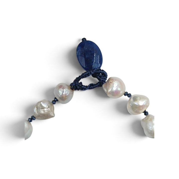 Collana di Corallo, Perle e Cianite montata in Cotone