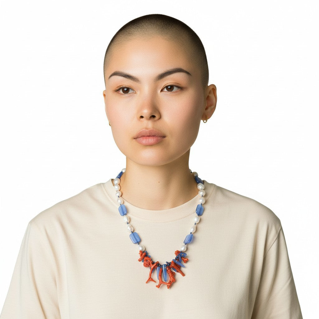Collana di Corallo, Perle e Cianite montata in Cotone