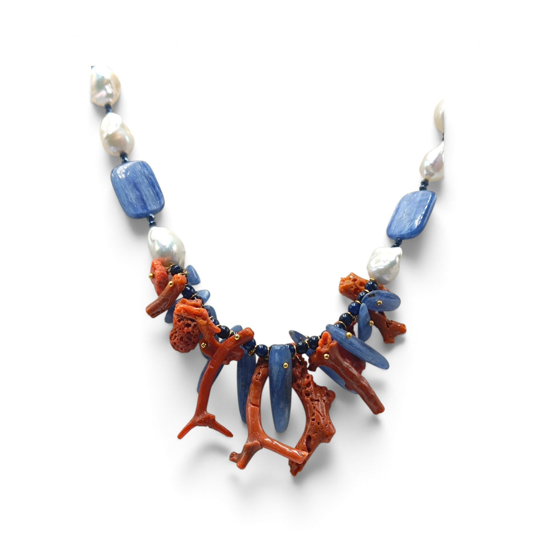 Collana di Corallo, Perle e Cianite montata in Cotone