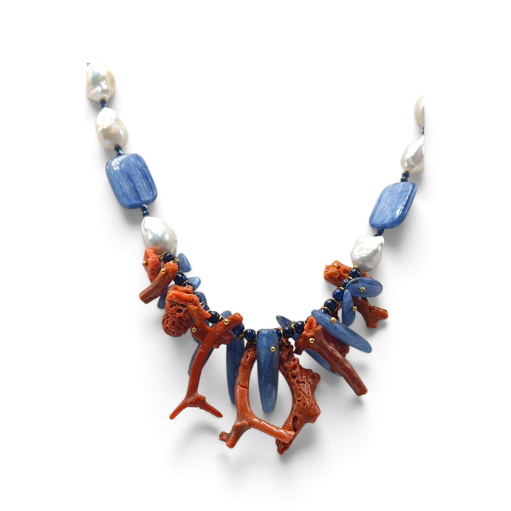 Collana di Corallo, Perle e Cianite montata in Cotone