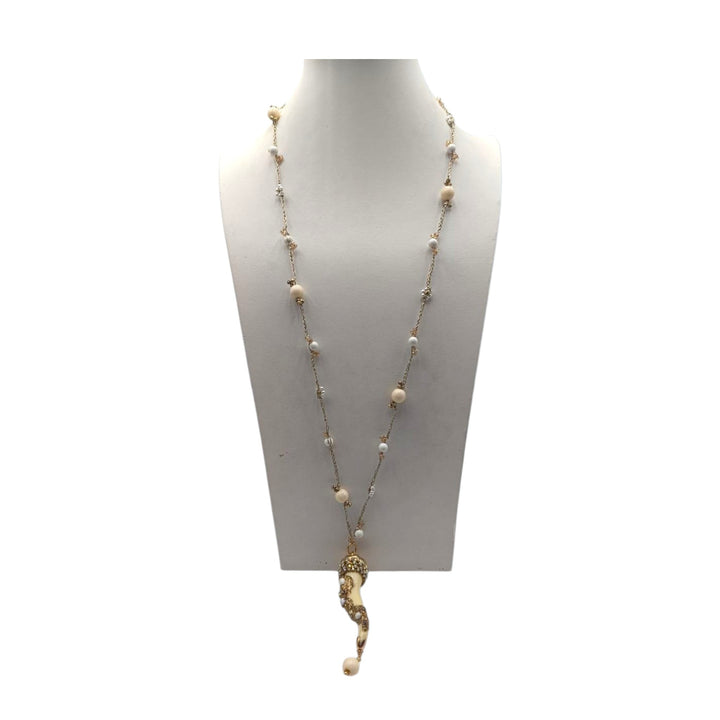 Collana Corno di osso con Foglia Oro e Macramè