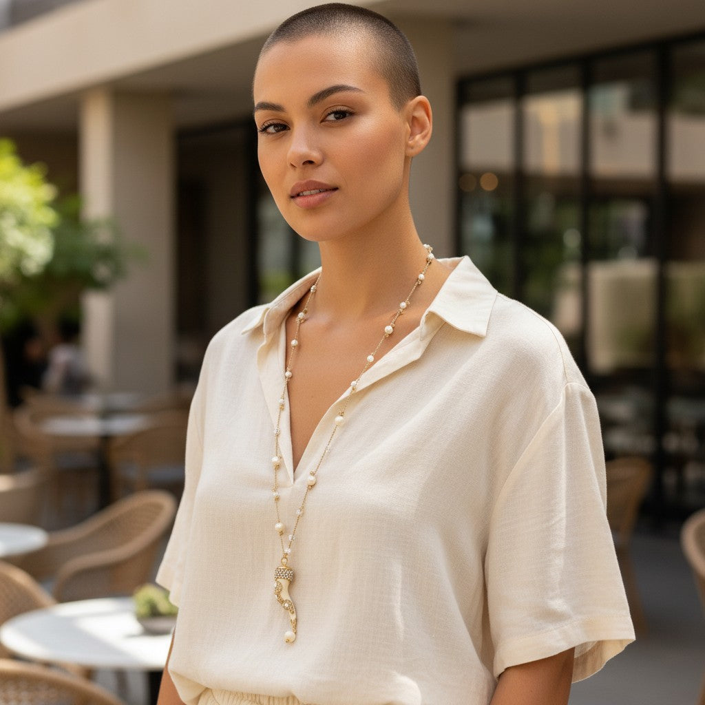 Collana Corno di osso con Foglia Oro e Macramè