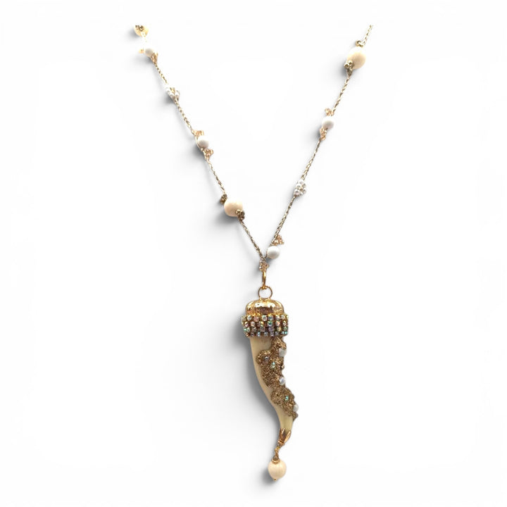 Collana Corno di osso con Foglia Oro e Macramè