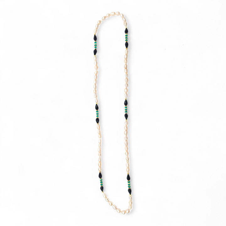 Collana in Perle di Maiorca, Cristalli Verdi e Agata Nera