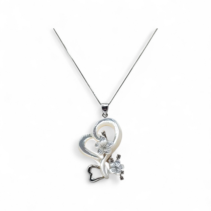Collana con Cuore e Fiorellini di Madreperla e Zirconi montata in Argento
