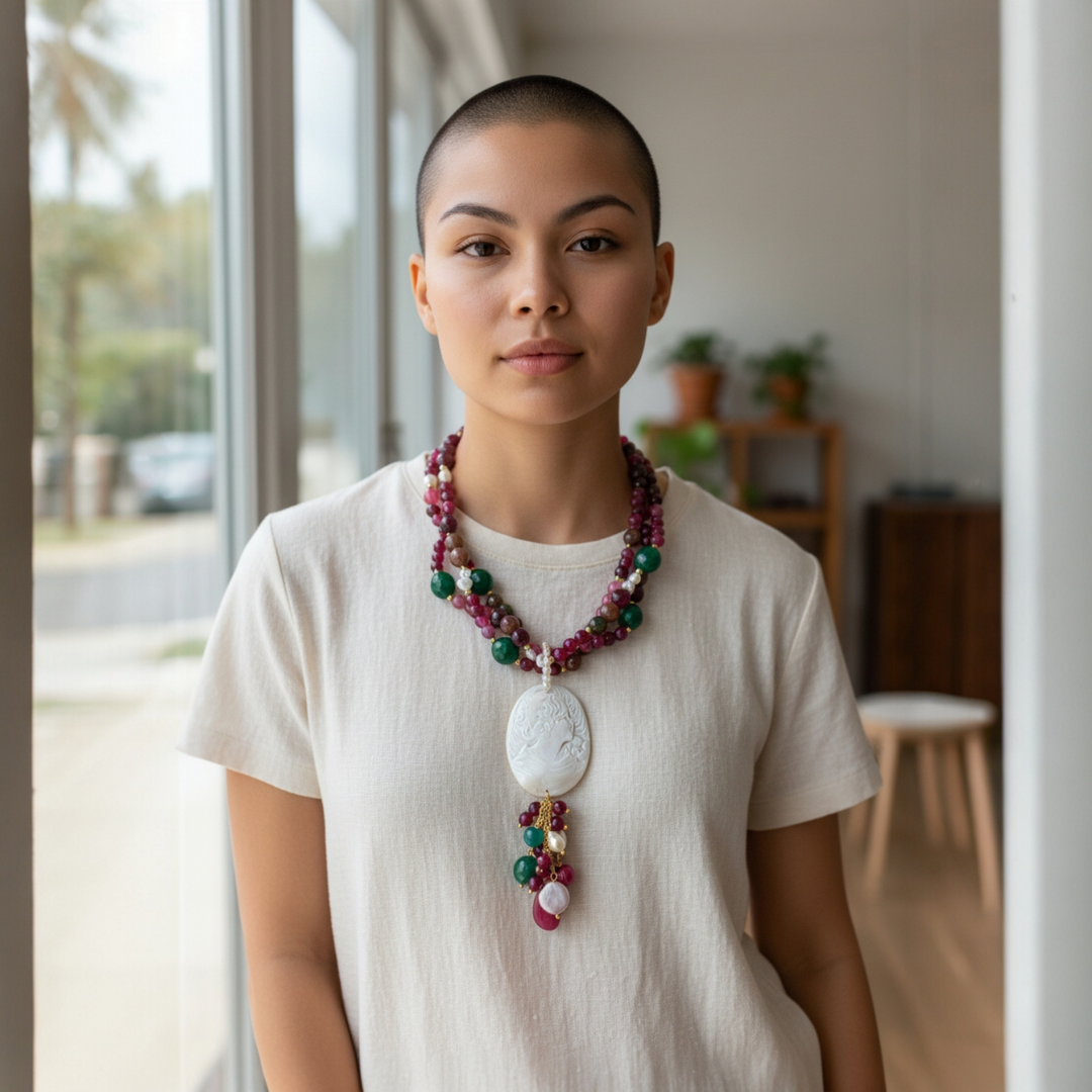 Collana Cammeo Dama, Agata e Perle Maiorca in Acciaio