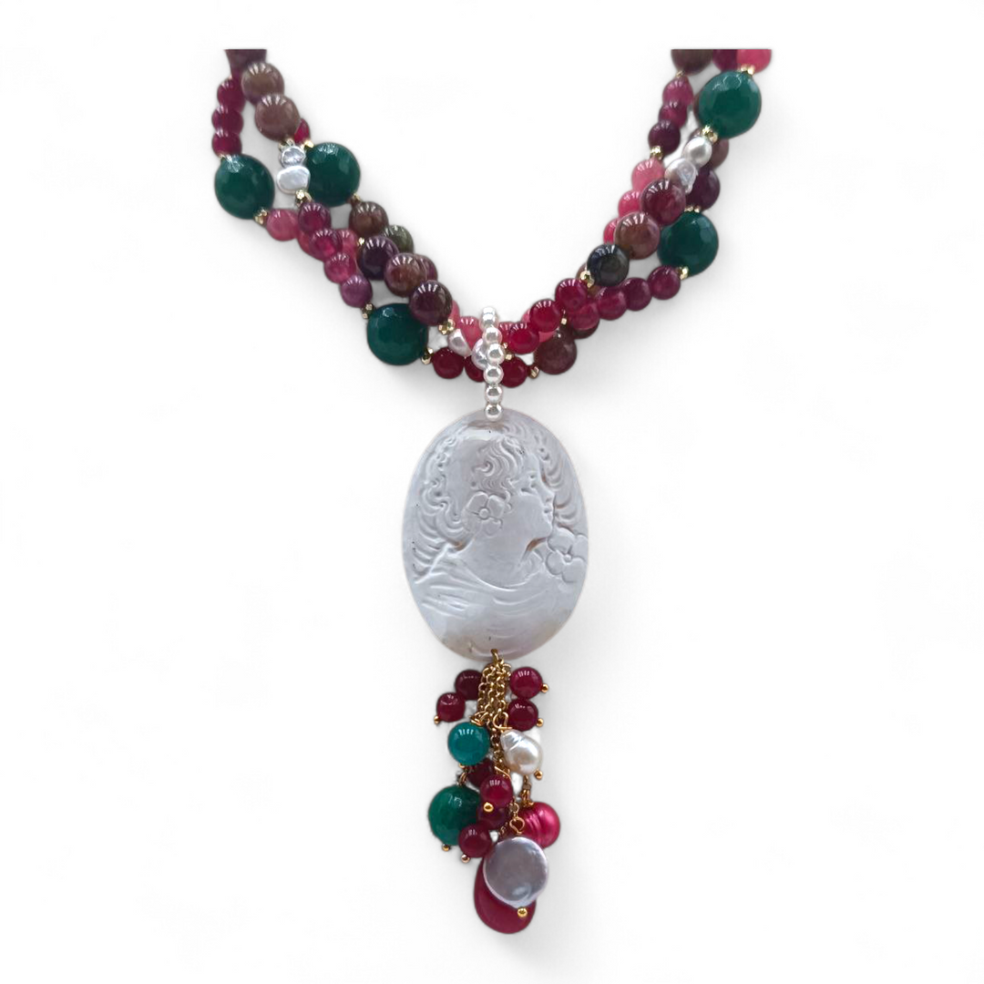 Collana Cammeo Dama, Agata e Perle Maiorca in Acciaio