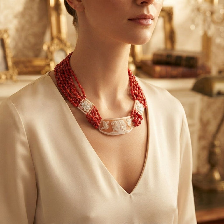 Collana Dama di Cammeo e Corallo montata in Cotone