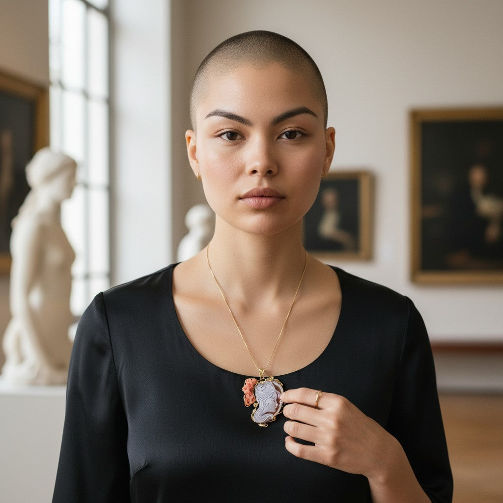 Ciondolo Dama dei Fiori di Cammeo e corallo montato in Argento Dorato