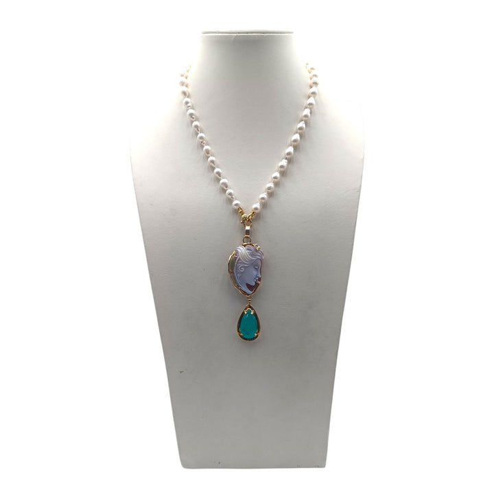 Collana Dama di Cammeo, Perle e Quarzo montata in Argento Dorato