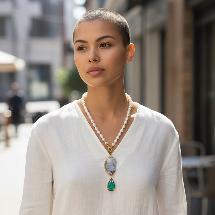 Collana Dama di Cammeo, Perle e Quarzo montata in Argento Dorato