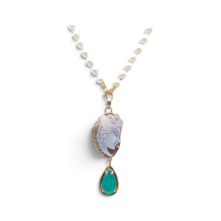 Collana Dama di Cammeo, Perle e Quarzo montata in Argento Dorato