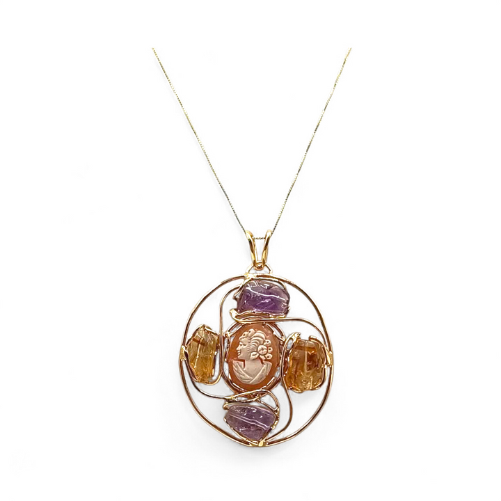 Collana Dama di Cammeo, Ametista e Citrino montata in Argento Dorato