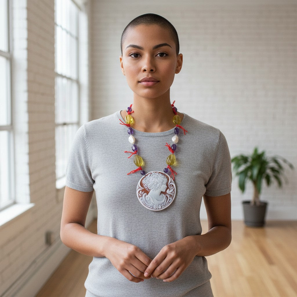 Collana Dea di cammeo montatura in ambra