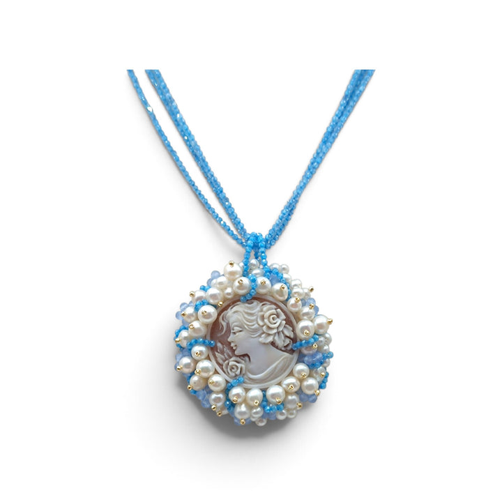Collana Dea dei Fiori di Cammeo, Perle e Zirconi montata in Argento Dorato