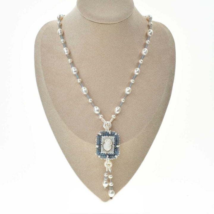 END OF COLLECTION - PINK FABRIC NECKLACE MOUNTED ON PEARLS AND SILVER