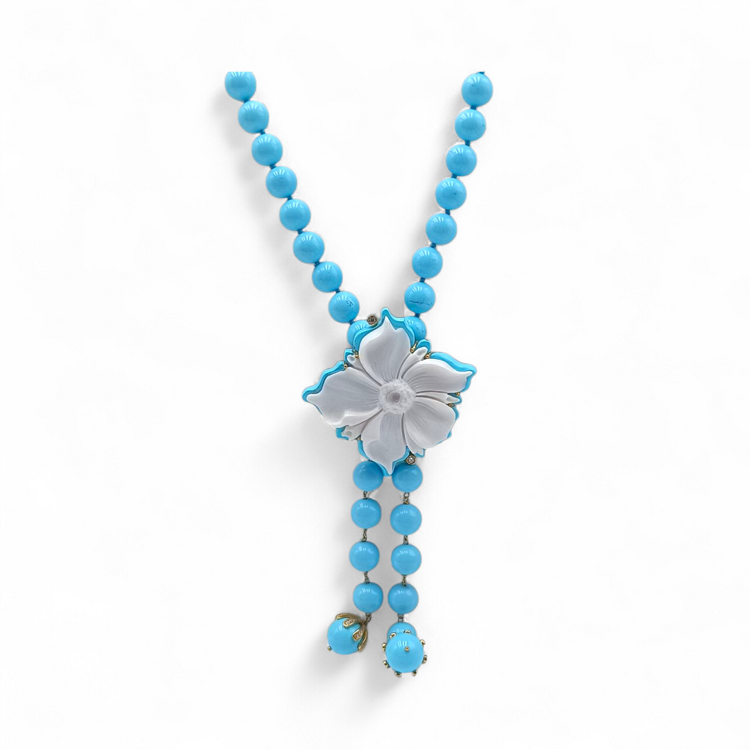 Collana Fiore di Agata Bianca e Pasta di Turchese montata in Argento Dorato