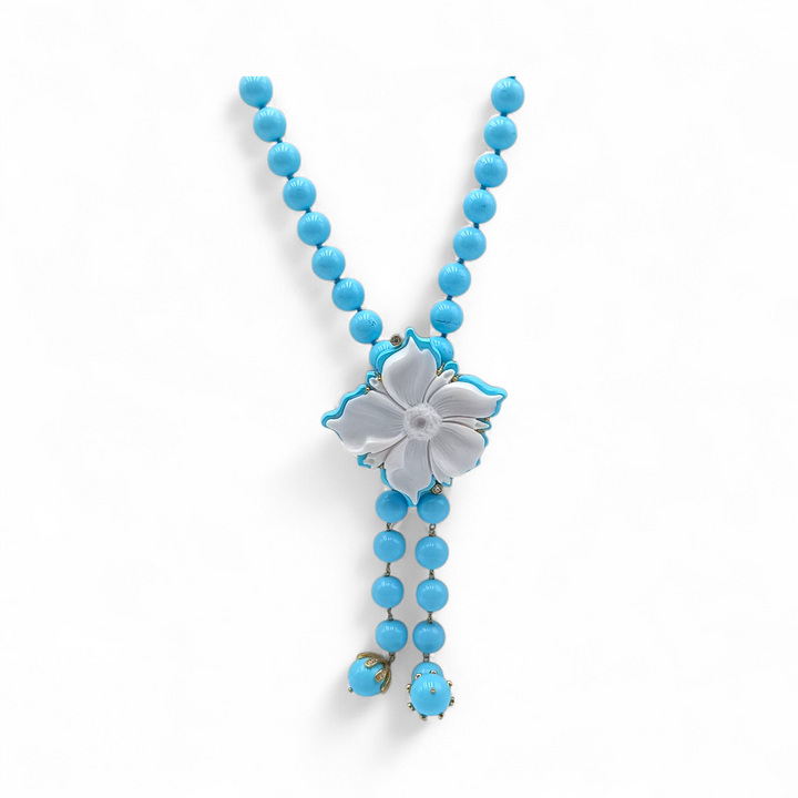 Collana Fiore di Agata Bianca e Pasta di Turchese montata in Argento Dorato
