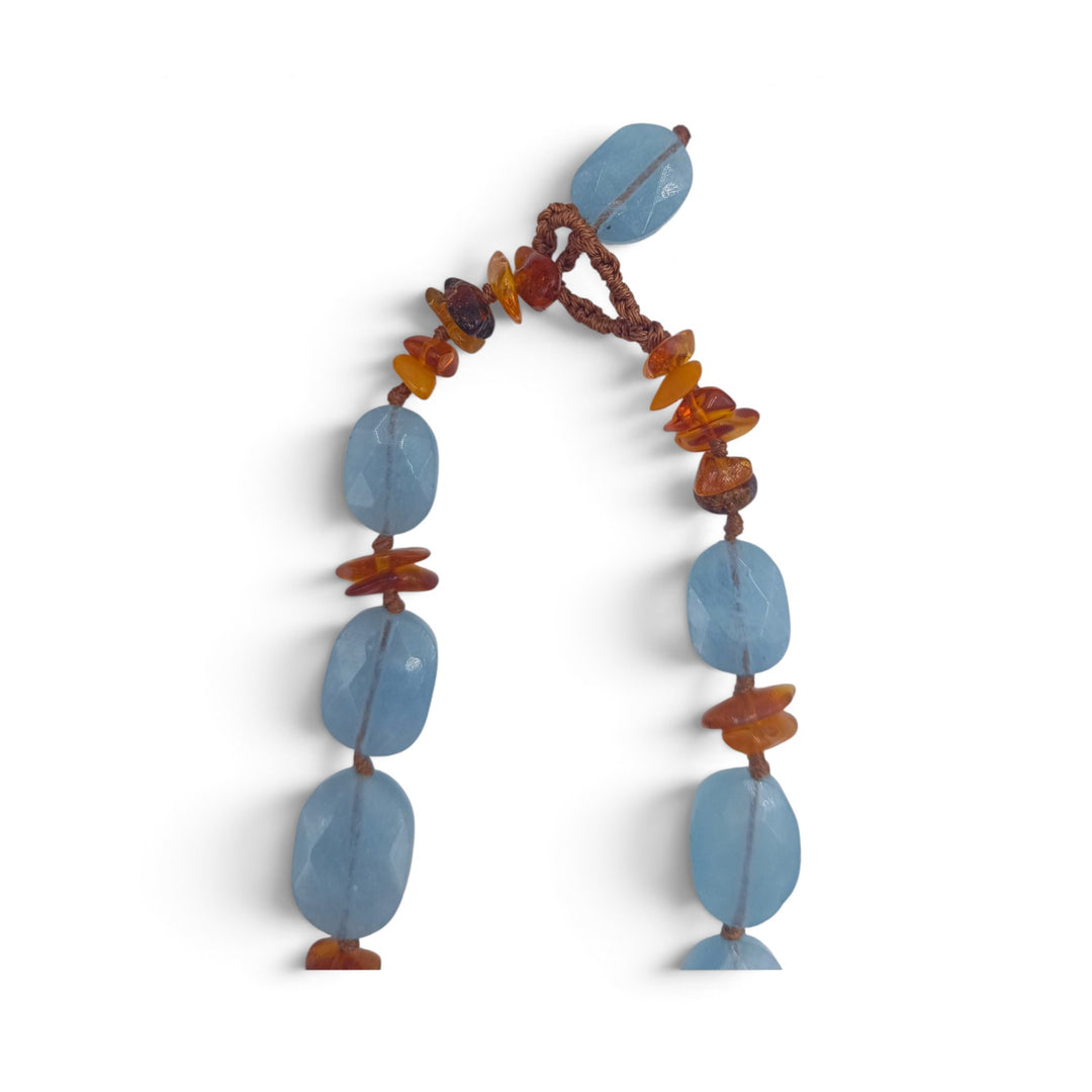 Collana Fiore di Ambra e Acquamarina montata in Cotone