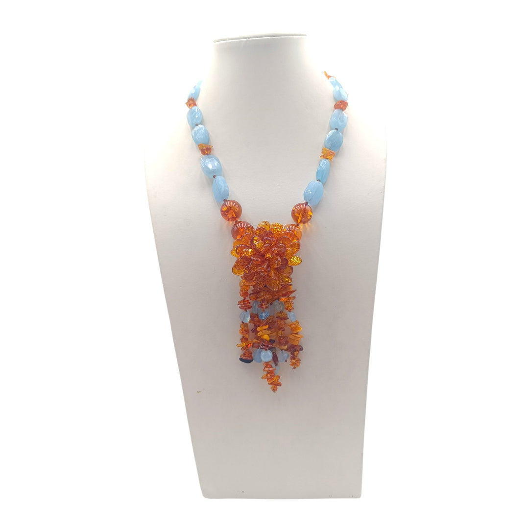 Collana Fiore di Ambra e Acquamarina montata in Cotone