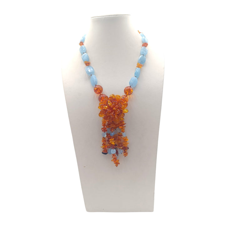 Collana Fiore di Ambra e Acquamarina montata in Cotone