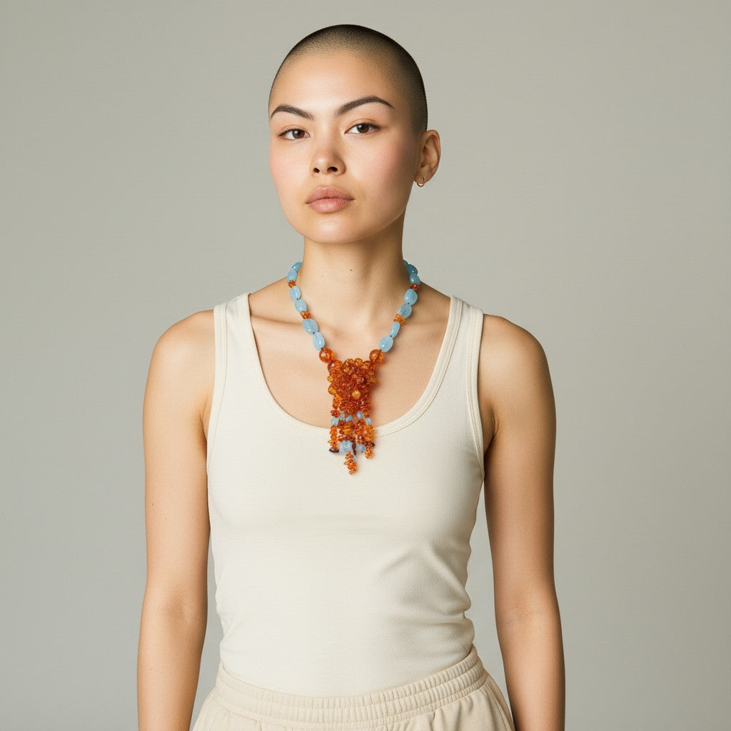 Collana Fiore di Ambra e Acquamarina montata in Cotone