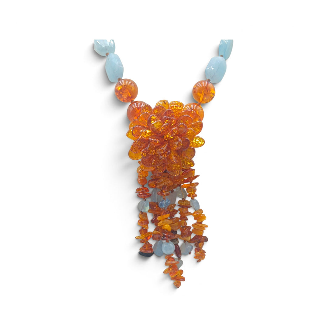 Collana Fiore di Ambra e Acquamarina montata in Cotone