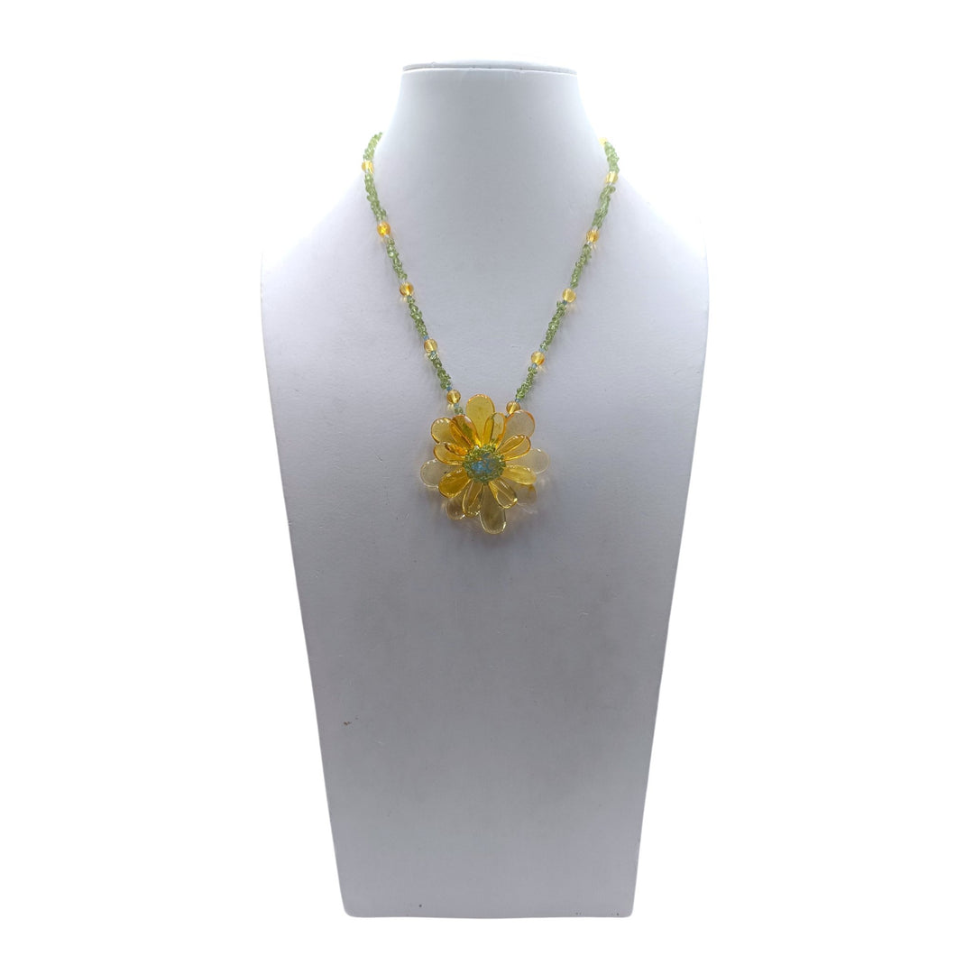 Collana Fiore di Ambra, Acquamarina e Peridoto montata in Cotone